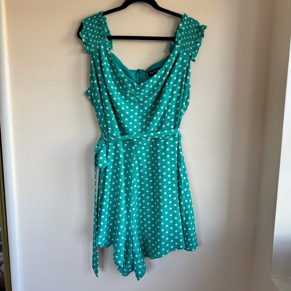 City Chic Polka Romper Teal Green White Polka Dot Self-Tie Short Sleeve Sz M/18